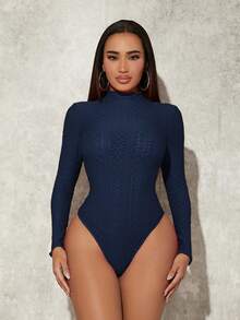 SHEIN SXY Của phụ nữ Đứng cổ áo Áo liền quần chặt - Màu xanh hải quân - Xem 3