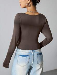 SHEIN Unity Màu thuần Xoắn Nút & Viền chia cắt Áo - Cà phê nâu - Xem 2