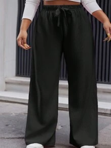 EURMUSE Pantalon droit à couleur unie avec cordon de serrage, grande taille pour femme - Noir - Voir 3
