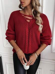 SHEIN LUNE 女士绞花针织套头毛衣，交叉领针织套头衫，秋冬毛衣 - 酒紅色 - 查看 6