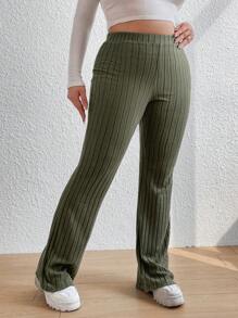 Flirla Plus Size Ribbed Knit Flared Trousers - Army Green - View 4