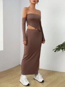 SHEIN EZwear 卡其色針織女士修身套裝