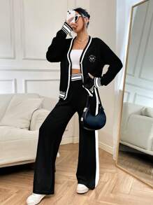 SHEIN Unity 女款拼布裝飾刺繡紐扣前開襟衫和針織闊腿褲套裝 - 黑色 - 查看 1