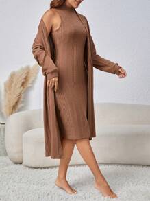 女式纯色无袖连衣裙和休闲开衫家居服套装 - 棕色 - 查看 3