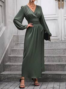 SHEIN Clasi 分割裾v領襯托袖子洋裝 - 軍綠色 - 查看 8