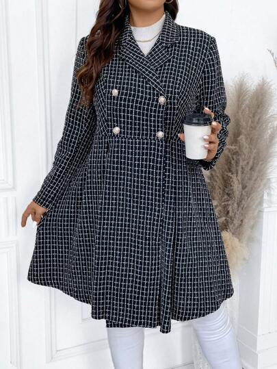 Calvaya Abrigo De Lana Doble Abotonadura A Cuadros, Con Solapa De Pico, Talla Grande Para Mujeres
