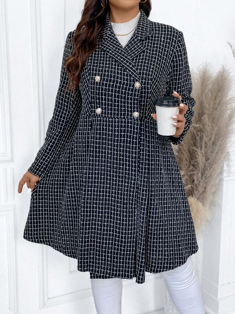 Women's Plus Size Plaid Peak Lapel Double Breasted Woolen Coat Fall Cloth For Women