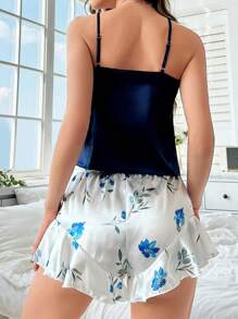 Floral Print Ruffle Hem PJ Set / Pajama Set - Navy Blue - View 2