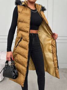 EURMUSE Fuzzy Trim Hooded Puffer Vest Coat - Orange - View 4