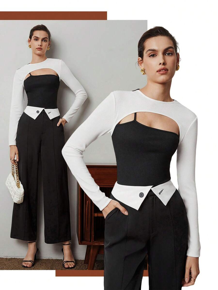 BizChic 女性修身款色塊露肩t恤 - 黑色 - 查看 1