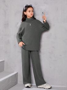 SHEIN Leap Crew 中大童女孩寬鬆復古高領寬鬆條紋襯衫和長褲兩件套裝 - 深灰色 - 查看 4