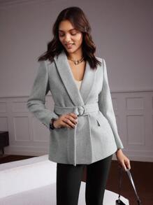 MOTF Classy BELTED WOOL-BLEND BLAZER - Grey - View 6