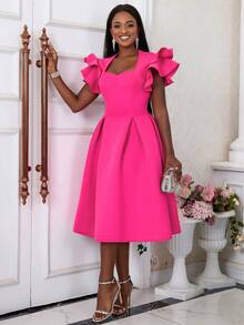 Women's Sweetheart Neck Ruffle Hem Flare Hem Party Graduation Dress With Short Bell Sleeves Wedding Elegant Spring - Hot Pink - View 6