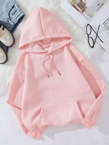 SHEIN Essnce 女士連帽套頭衫,可調節束口,蝴蝶與字母印花,毛絨衫 - 粉色 - 查看 2