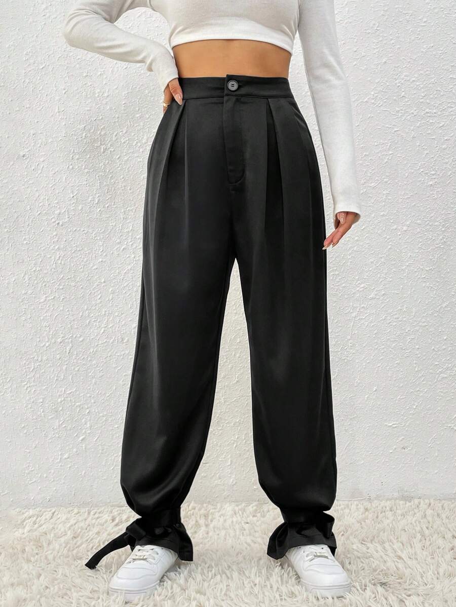 SHEIN LUNE Solid Color Pleated Pants With Ankle Ties Fall Cloth For Women - Black - View 1