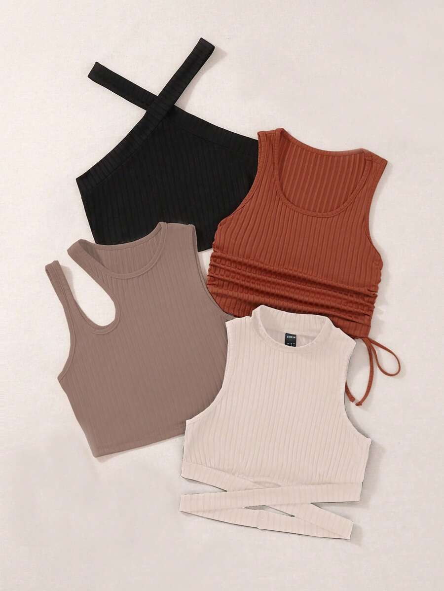 SHEIN Unity Women's Ribbed Mixed Color Tank Tops (4pcs/Set), Going Out Top - Multicolor - View 1