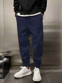 RueChic Cotton Men Solid Slant Pocket Drawstring Waist Sweatpants - Navy Blue - View 3