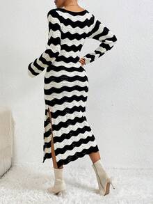 SHEIN Privé Boat Neck Wave Pattern Split Hem Sweater Dress - Black and White - View 2