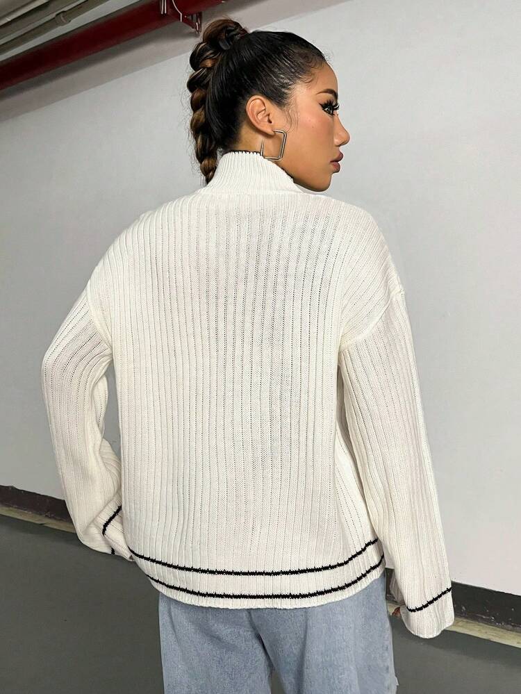 Mock Neck Drop Shoulder Contrast Binding Knit Pullover Fall Winter Sweater