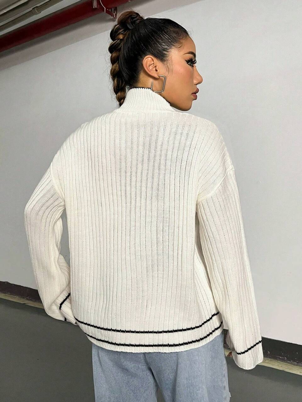 Mock Neck Drop Shoulder Contrast Binding Knit Pullover Fall Winter Sweater