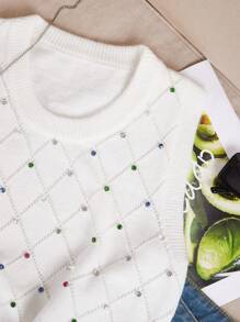 Zolique Sleeveless Sweater Vest With Rhinestone Decoration - White - View 4