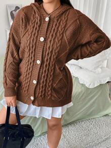 Flirla Của phụ nữ Kích thước lớn Thả vai Nút áo có mũ Dệt kim Áo len Mở - Màu nâu  Mocha - Xem 3