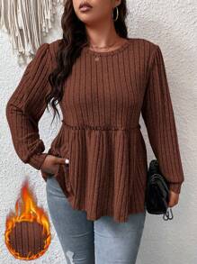 Flirla Talla grande Camiseta unicolor ribete fruncido peplum - Café integral - Ver 1