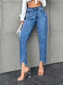 EURMUSE Straight High Waist Denim Pants - Medium Wash - View 7