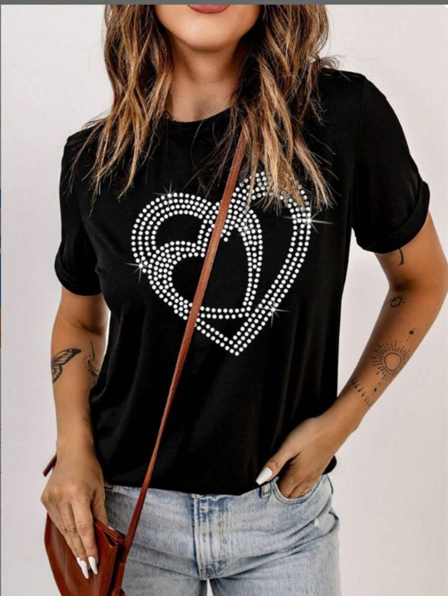 SHEIN LUNE Ladies' Heart Print T-shirt - Black - View 1