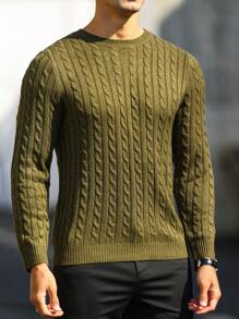 Manfinity Mode Men Solid Cable Knit Sweater Round Neck Long Sleeve Plain Green Vacation Fashion Sweater, Fall/Winter