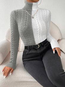 SHEIN Essnce Áo len dệt kim cổ lọ màu khối - Xám - Xem 1