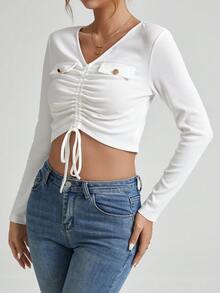 SHEIN Essnce 女性貼身短款v領上衣,適合情人節佩戴 - 白色 - 查看 4