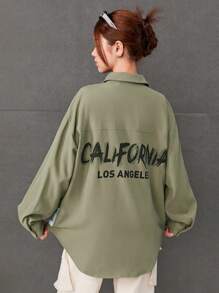 SHEIN 少女們的編織標籤字母圖案休閑長袖襯衫 - 綠色 - 查看 1