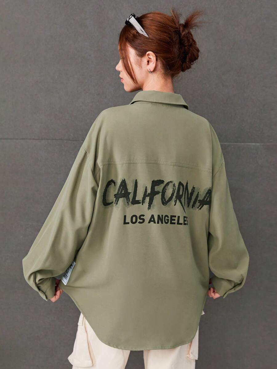 SHEIN 少女們的編織標籤字母圖案休閑長袖襯衫 - 綠色 - 查看 1