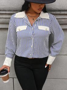 SHEIN Unity Women's Plus Size Striped Color Block Turn Down Collar Shirt - Multicolor - View 4