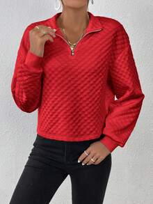 SHEIN Essnce 女款純色菱形落肩半拉鍊運動衫 - 紅色 - 查看 6