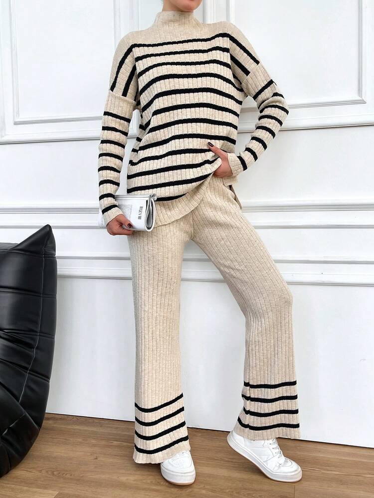 Của phụ nữ Sọc Đứng cổ áo Thả vai Áo len 2 cái/bộ - Màu be - Xem 3