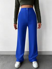 EURMUSE High-waisted Straight-leg Suit Pants With Slant Pockets - Royal Blue - View 5
