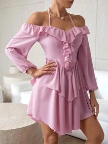 SHEIN Privé Của phụ nữ Tay áo lồng đèn Trang trí ren Halter Neck Đầm - Màu Hồng baby - Xem 3