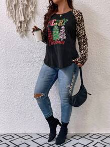 SHEIN LUNE Plus Christmas Tree & Slogan Graphic Raglan Sleeve Tee - Multicolor - View 5