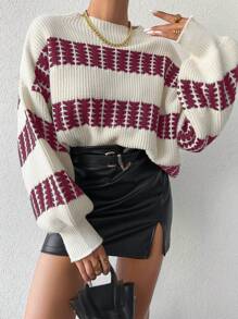 SHEIN Cottnline Women's Loose Striped Drop Shoulder Sweater - Pink - View 4