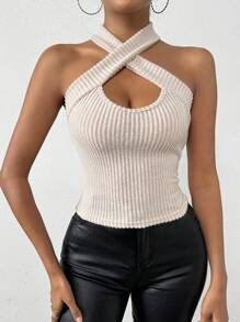 Chiquease Women's Cross Halter Neck Ribbed Tank Top - Apricot - View 4