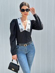 SHEIN Privé Flower Embroidery Bubble Sleeve Shirt With Patchwork Collar - Black - View 6