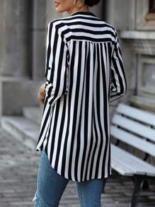 Chiquease Striped Print Pocket Patched Curved Hem Popover Blouse - Black and White - View 2