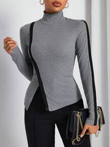 SHEIN Essnce Women's High Neck Split Hem Tee With Contrast Trim - Grey - View 4