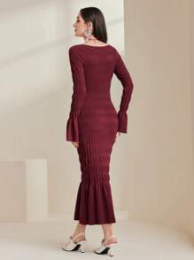 Modelyn Women's Elegant Pleated Design Sweater Dress - Burgundy - View 5