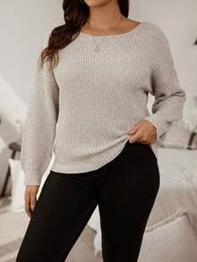 SHEIN LUNE Kích thước lớn Chất rắn Thả vai Áo len dệt kim , Áo chui đầu - Màu Khaki - Xem 4