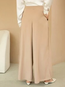 SHEIN BIZwear 女性高腰百摺寬褲 - 卡其色 - 查看 2