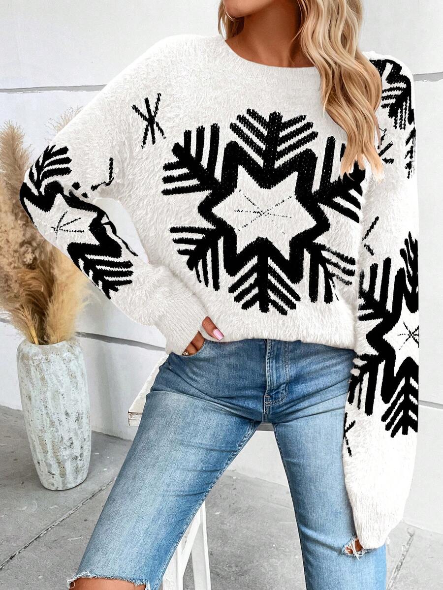 SHEIN LUNE Women'S Snowflake Pattern Plush Drop Shoulder Sweater - White - View 1