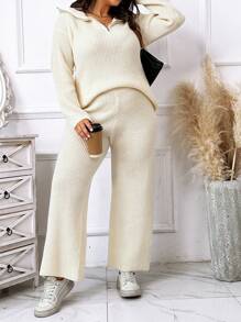 SHEIN LUNE Plus Size Women's Half-zip Sweater And Sweater Pants Set - Apricot - View 1